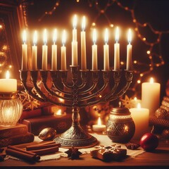 Menorah and Candles A photograph of a menorah with candles creat