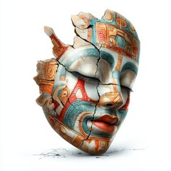 The digital illustration depicts a traditional ancient Mayan mask, showcasing intricate carvings, symbolic patterns, and ornate detailing