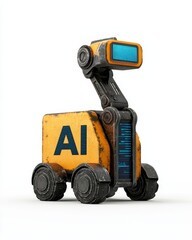 Fototapeta premium Compact Robot with AI Display and Weathered Finish in Bright Yellow and Blue Colors