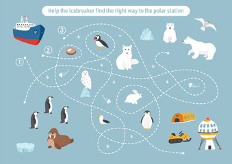 Labyrinth, Maze game for children. Logical puzzle for kids. Quest to find the right path for an icebreaker to polar station. Vector illustration