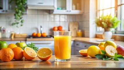A citrus glass of juice on a kitchen counter