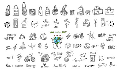 Large set of ecology icons. Sustainability, recycle, save the planet, eco friendly, eco bag, organic, no plastic, go green, zero waste, reduce, ecological lifestyle, nature conservation. Hand drawn