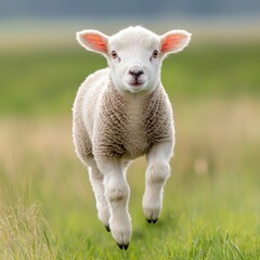 Obraz premium A young sheep, known as a lamb, is typically characterized by its soft, fluffy coat of wool, playful demeanor, and energetic bouncing movements