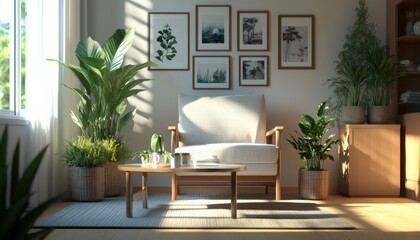 Obraz premium Sunny Living Room with Plants Armchair Coffee Table