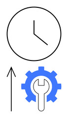 Clock with upward arrow pointing to gear and wrench, indicating time management and progress. Ideal for productivity, efficiency, workflow, growth, development, maintenance improvement. Line