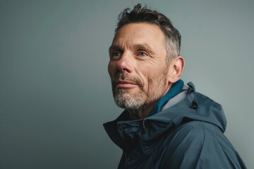 Fototapeta premium Portrait of a blissful caucasian man in his 40s wearing a functional windbreaker in front of pastel gray background