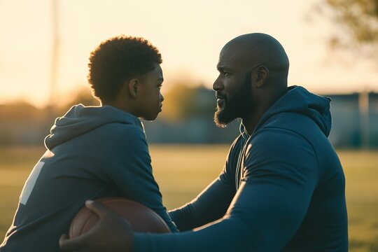encouraging 28-year-old african american coach sitting on bench with young athlete patting his shoulder and offering