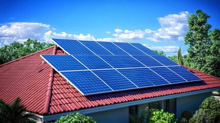 Solar Panels on Red Tile Roof A Clean Energy Concept, Solar Energy, Renewable Energy