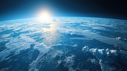 Fototapeta premium Breathtaking Aerial View of Earth with Vibrant Blue Oceans and White Clouds Underneath a Stunning Sunrise in the Atmosphere of Space