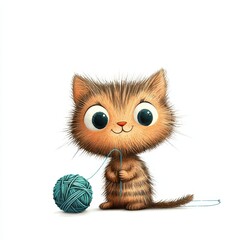 Obraz premium Cute cartoon cat playing with a ball of yarn in a whimsical art style, adorable pet illustration