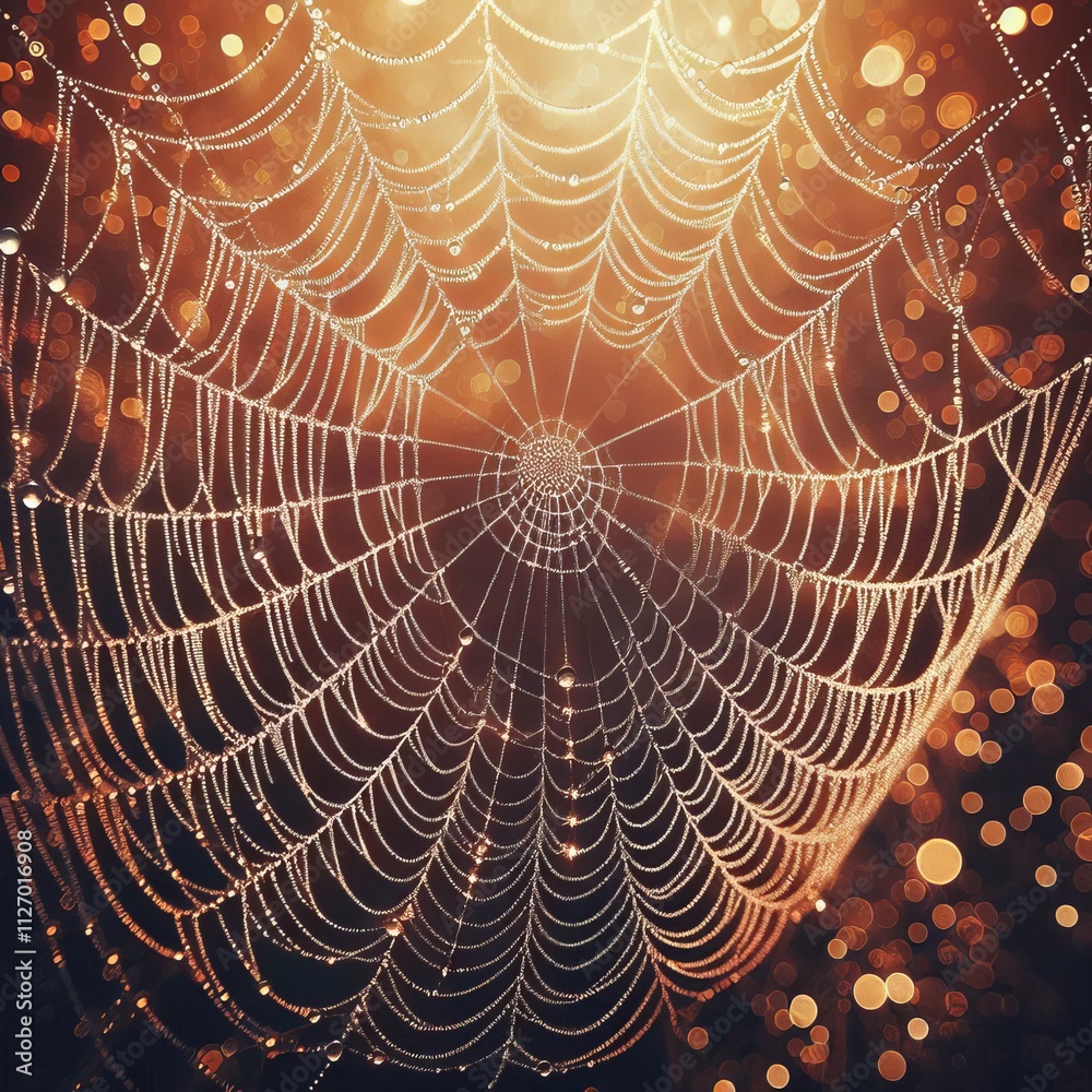 Wall mural spider web fine glistening threads with dew drops creating a spa