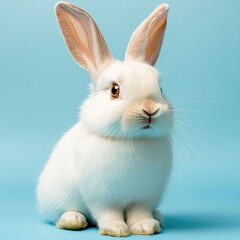 Obraz premium The White Easter Bunny with long ears is sitting gracefully on a vibrant blue background, its fluffy fur glowing in the light, while its whiskers twitch with curiosity.