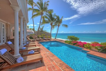 Fototapeta premium A serene poolside view with palm trees and ocean backdrop, perfect for relaxation.