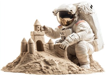 An astronaut builds a sandcastle on a beach, blending space exploration with playful creativity.