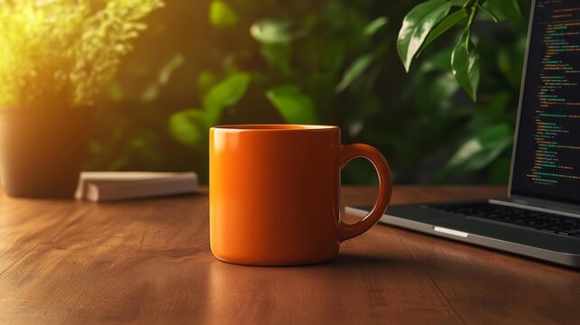 Professional Workspace with Orange Mug. Generative AI