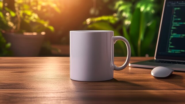 Workplace Coffee Mug Mockup with Coding Theme. Generative AI