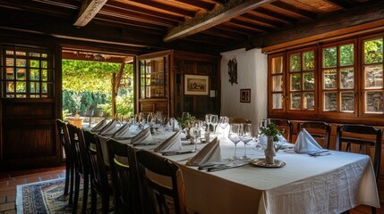 A beautifully set dining table with linen tablecloths and napkins, creating an elegant and rustic atmosphere for a meal