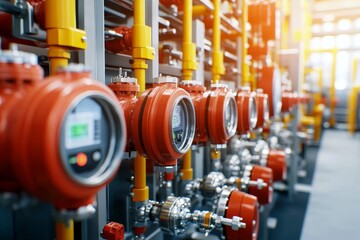 Fototapeta premium Industrial Gas Metering System Close-up of Orange Flow Meters on Yellow Pipes, Process Automation, Industrial Technology gas metering, flow measurement