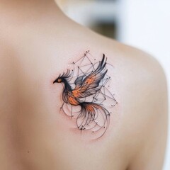 A phoenix bird tattoo sketch on a white background, depicted in black ink and geometric patterns, symbolizing freedom and rebirth