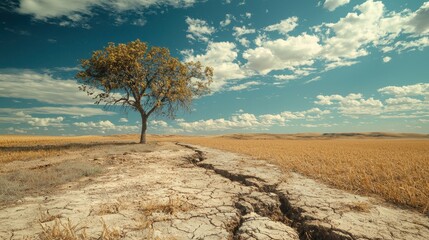 Solitary Tree on Cracked Earth Under Bright Blue Sky with White Clouds Illustrating Impact of Drought and Climate Change on Agricultural Land