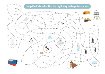 Labyrinth, Maze game for children. Logical puzzle for kids. Quest to find the right path for an icebreaker to polar station. Vector illustration