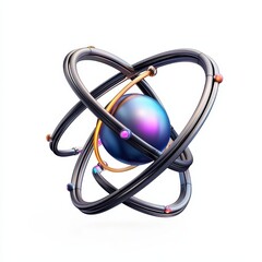 3D Render of Abstract Atom Structure with Colorful Electrons and Protons on a White Background
