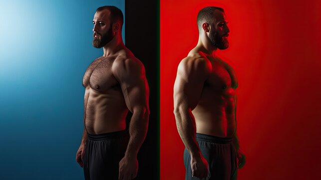 A before-and-after weight loss transformation photo, showcasing the positive changes in lifestyle and fitness