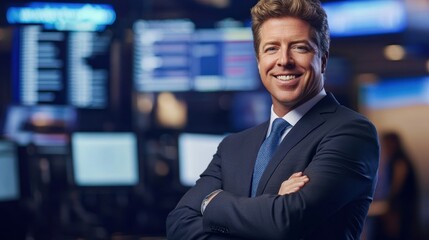 A confident businessman poses in a financial setting, showcasing professionalism and success.