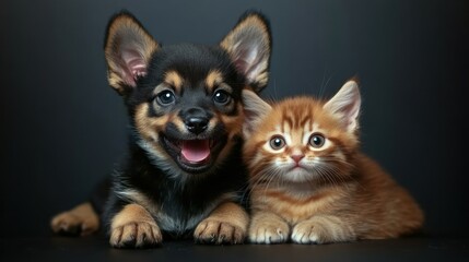 A playful puppy and a curious kitten pose together against a dark background.