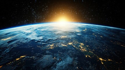 Breathtaking View of Earth from Space with Sun Rising Over the Horizon Capturing the Beauty of Our Planet and the Cosmic Surroundings in Rich Detail