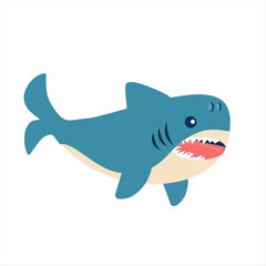 Cute cartoon shark illustration with blue body and sharp teeth on white background. Marine Life Vector Set. Ocean animal illustration