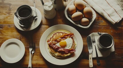 A breakfast table spread featuring pancakes, bacon, eggs, and coffee, inviting a hearty and delicious morning meal