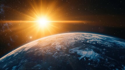 Fototapeta premium Majestic View of Earth with the Sun Rising Over the Horizon in Deep Space, Showcasing Stunning Colors and Cosmic Wonder