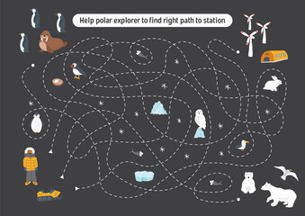 Labyrinth, Maze game for children. Logical puzzle for kids. Quest to find the right path for a polar explorer to polar station. Vector illustration.