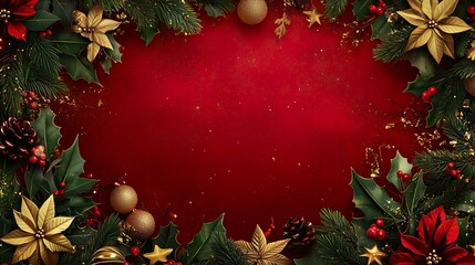 Vibrant red Christmas background bordered by pine branches, holly leaves, gold ornaments, and poinsettias, perfect for holiday-themed designs and seasonal decorations