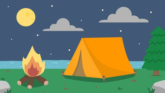 Summer camp animation, camping loop cartoon, tent with campfire at night	with river 