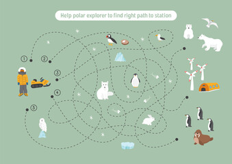 Labyrinth, Maze game for children. Logical puzzle for kids. Quest to find the right path for a polar explorer to polar station. Vector illustration.