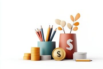 Obraz premium Creative Setup with Coins, Pencils, and Decorative Plants for Financial Growth and Planning