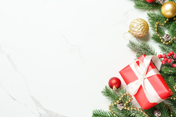 Christmas falt lay background. Christmas present with decor on white with space for design.