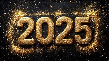Sparkling Golden 2025 Celebration Numbers on Dark Background with Glittering Effects