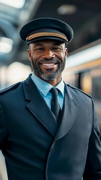 A train conductor in formal uniform stands at a station, managing passenger flow in a vertical video. Ideal for showcasing professionalism and efficiency in railway operations.