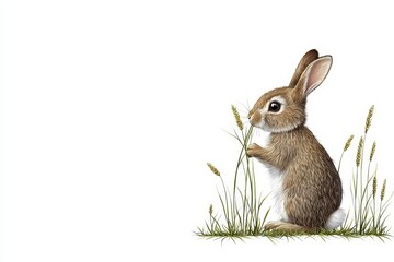 Fototapeta premium Cute Brown Rabbit in Grass With Delicate Details and Soft Fur Against a White Background