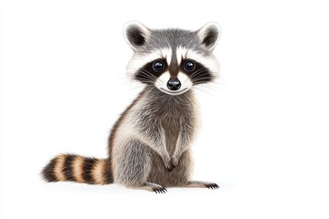 Obraz premium Cute cartoon raccoon character with bright eyes and fluffy tail on a white background