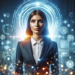 Info Aura The businesswoman has a glowing aura of data around he