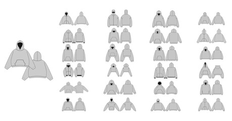 Technical Drawing Set of Hoodies with Front and Back Views - Men, Woman, Unisex CAD Mockups, Streetwear Hoodie Collections Technical Fashion Illustration - Zipper Hoodie Flat Apparel Templates 