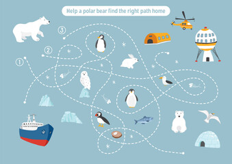 Labyrinth, Maze game for children. Logical puzzle for kids. Quest to find the right path for a Polar bear to his home. Vector illustration.