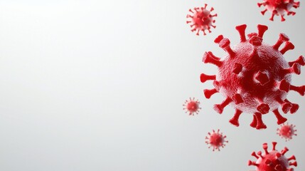 Red viruses floating in a minimalistic background, illustrating the concept of infectious diseases and raising awareness about health and safety precautions.