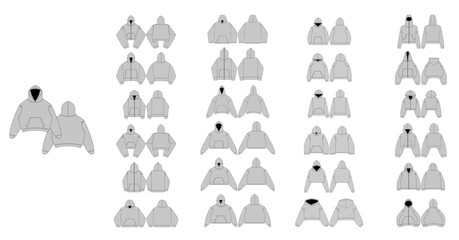 Streetwear Hoodie Collection Technical Fashion Illustration - Zip Heavyweight Hoodie Flat Apparel Templates - Technical Drawing Set of Hoodies with Front and Back Views - Men, Woman, Unisex CAD Mockup © sigraphics.co