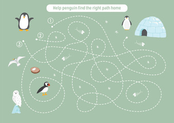 Fototapeta premium Labyrinth, Maze game for children. Logical puzzle for kids. Quest to find the right path for a penguin to his home. Vector illustration.
