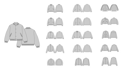 Set of Varsity Jacket - Activewear Jacket Design with Pocket - Jackets Fashion Technical Illustration - Front and Back Views Winter Coat, Men Women Unisex Sweatshirt Jersey CAD Mockups © sigraphics.co